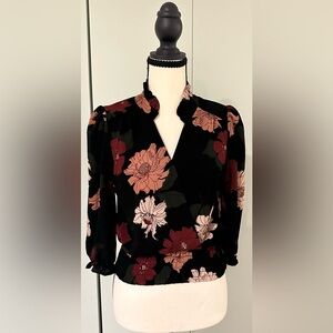 MONTEAU LOS ANGELES Size M Black Long Sleeve Ruffle Floral V Neck Shirt